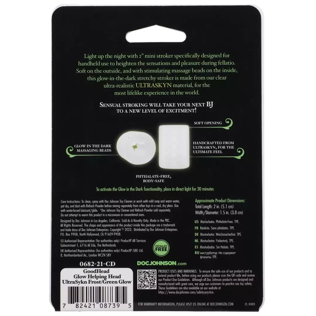 Doc Johnson Glow Helping Head Sleeve Frost/Green Glow silikoninė mini mova