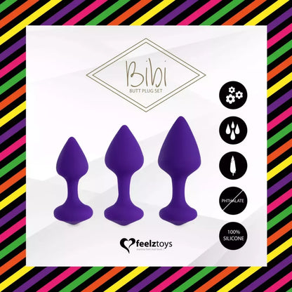 FeelzToys Bibi 3 silikoninių analinių kamščių rinkinys, violetinis