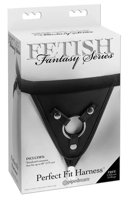 Fetish Fantasy Perfect Fit FFS reguliuojami vinilo išvaizdos diržai su keliais žiedais, juodi