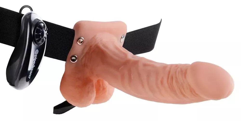 Fetish Fantasy tuščiaviduris vibruojantis diržinis dildo su reguliuojamais diržais, 18,9 cm