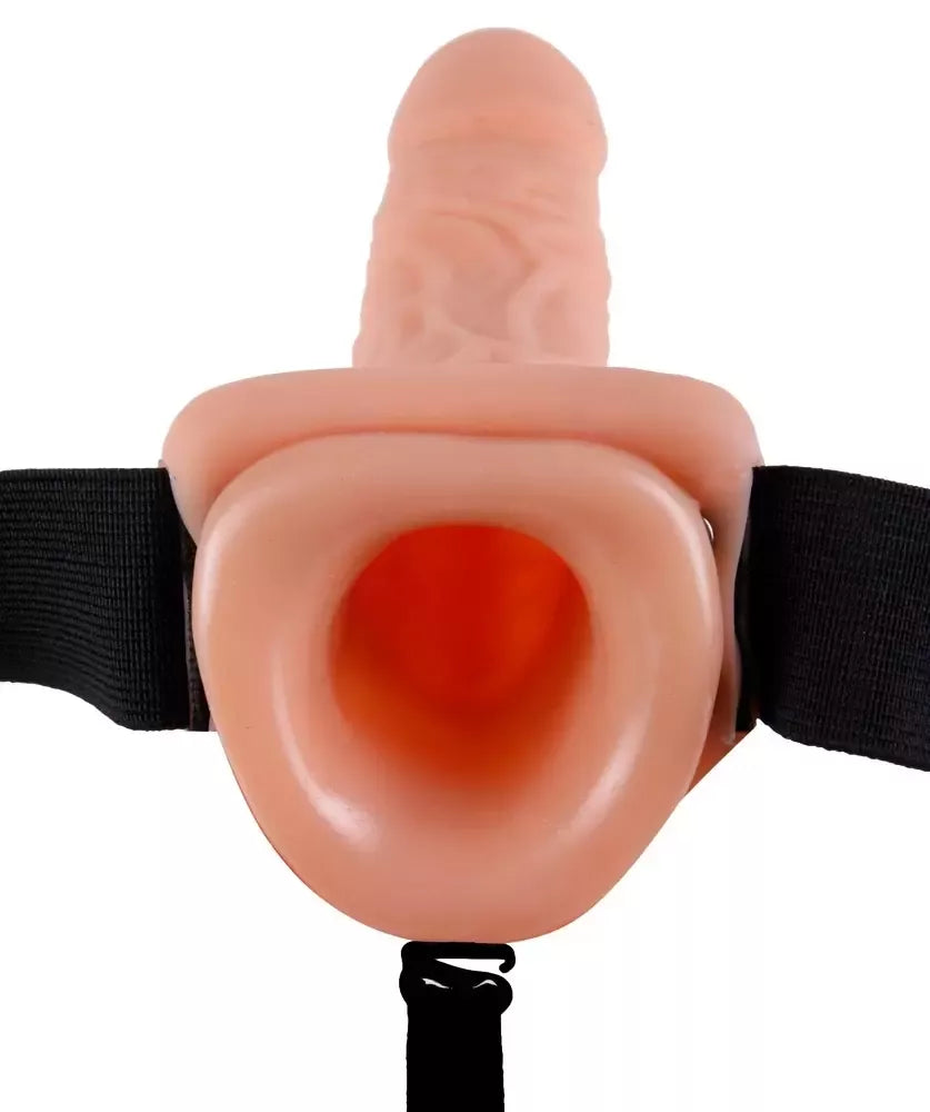„Fetish Fantasy“ vibruojantis tuščiaviduris 7 colių „Strap-On“ reguliuojamas PVC diržas