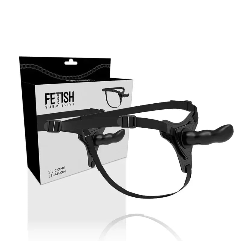 Fetish Submissive silikoniniai diržai su dirbtiniu peniu, juodi, 16 cm – reguliuojama sistema