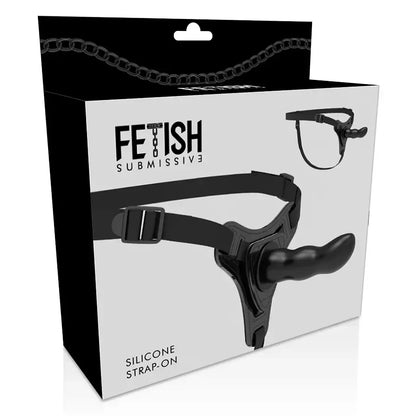 Fetish Submissive silikoniniai diržai su dirbtiniu peniu, juodi, 16 cm – reguliuojama sistema