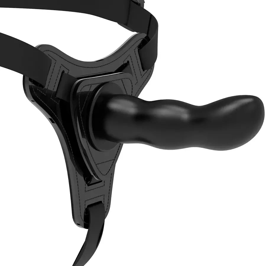 Fetish Submissive silikoniniai diržai su dirbtiniu peniu, juodi, 16 cm – reguliuojama sistema