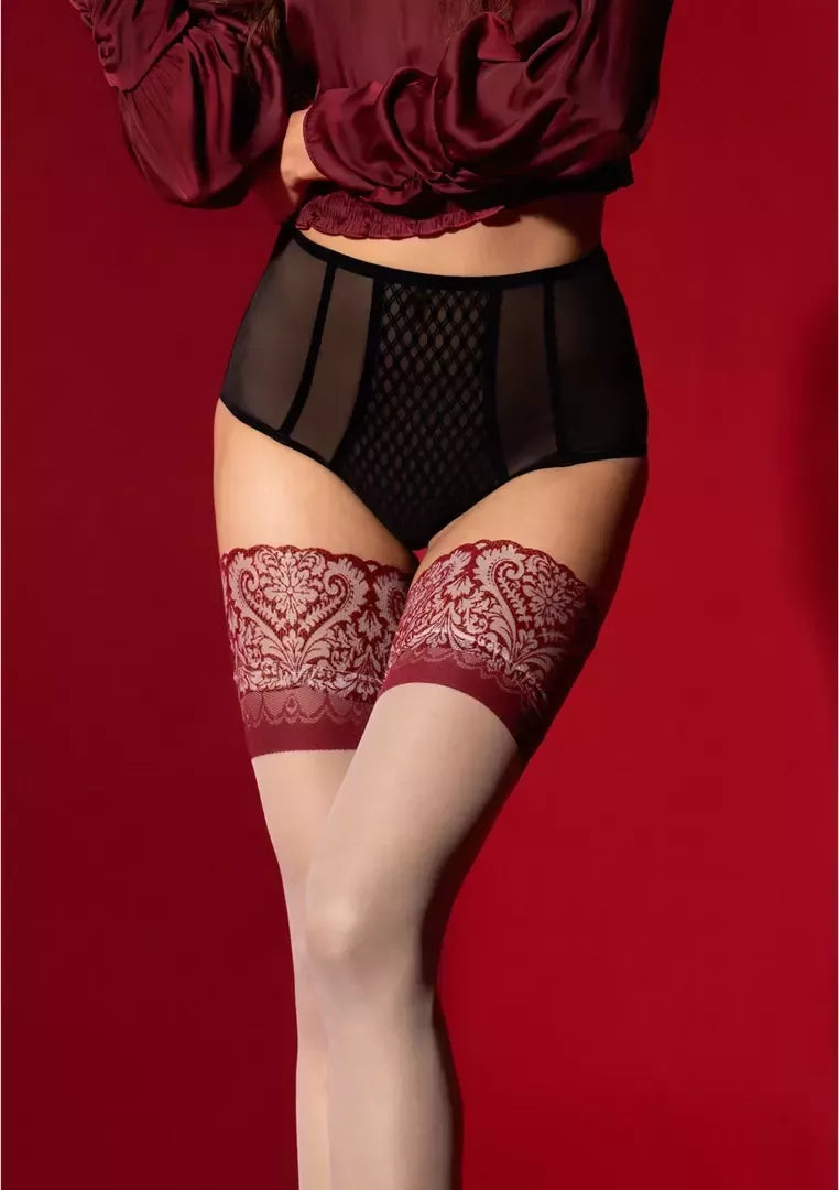 FiORE Arabesque kojinės su silikonu 20 Den – raudoni nėriniai, skaidrios, patvarios, S-XL