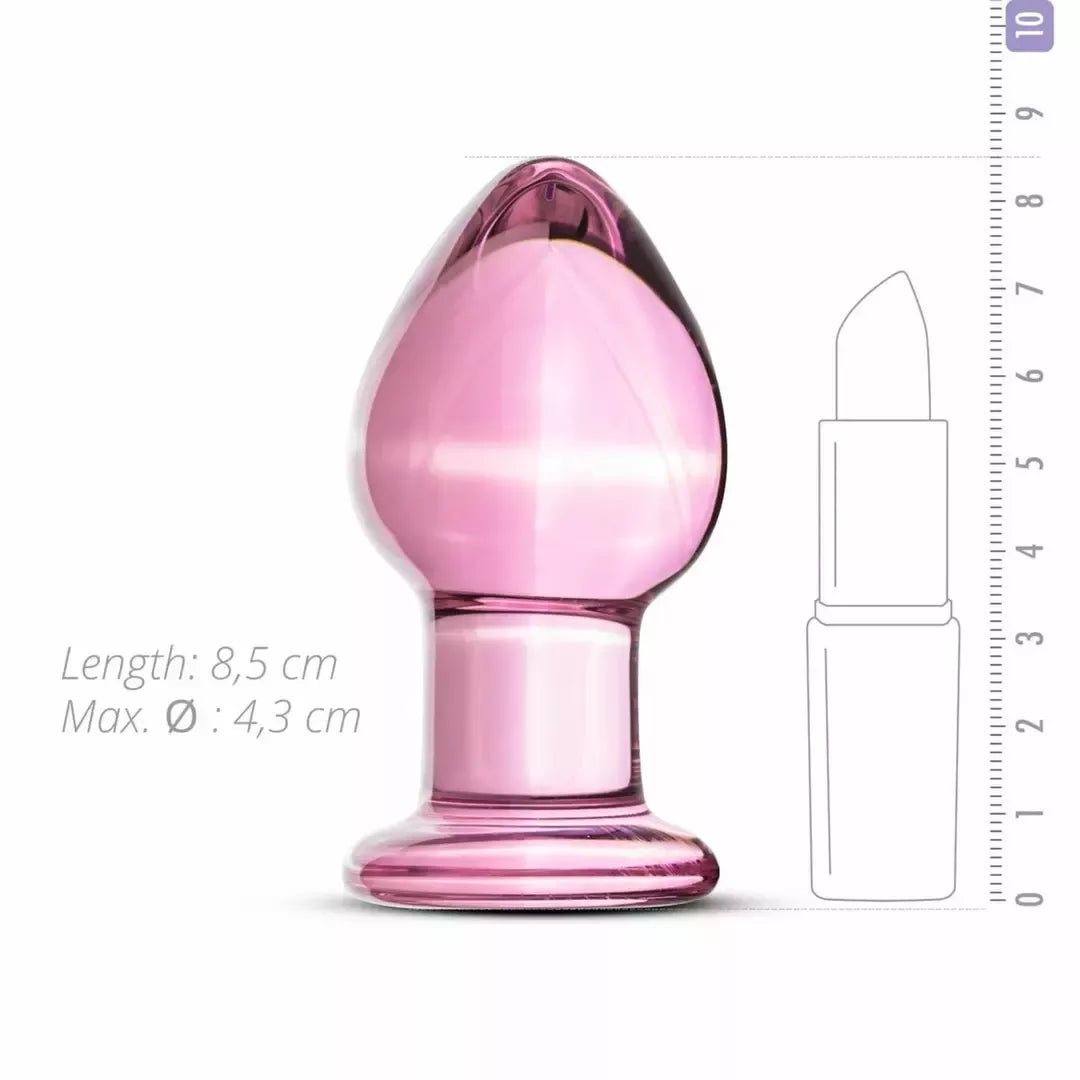 Gildo „Glas Pink“ vidutinio dydžio analinis stiklinis kamštis – lygus borosilikatinis stiklas, 4,3 cm