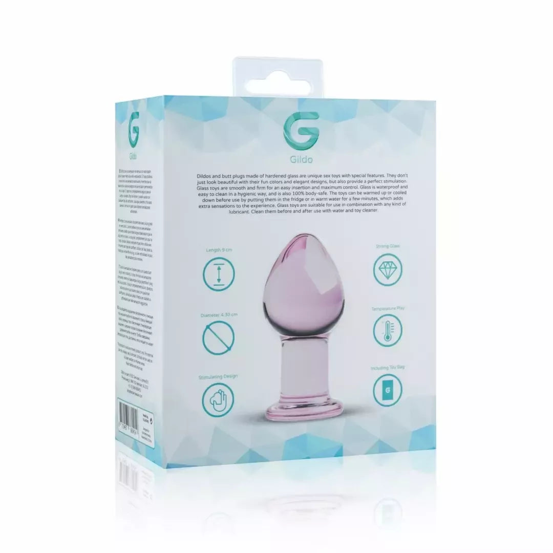 Gildo „Glas Pink“ vidutinio dydžio analinis stiklinis kamštis – lygus borosilikatinis stiklas, 4,3 cm