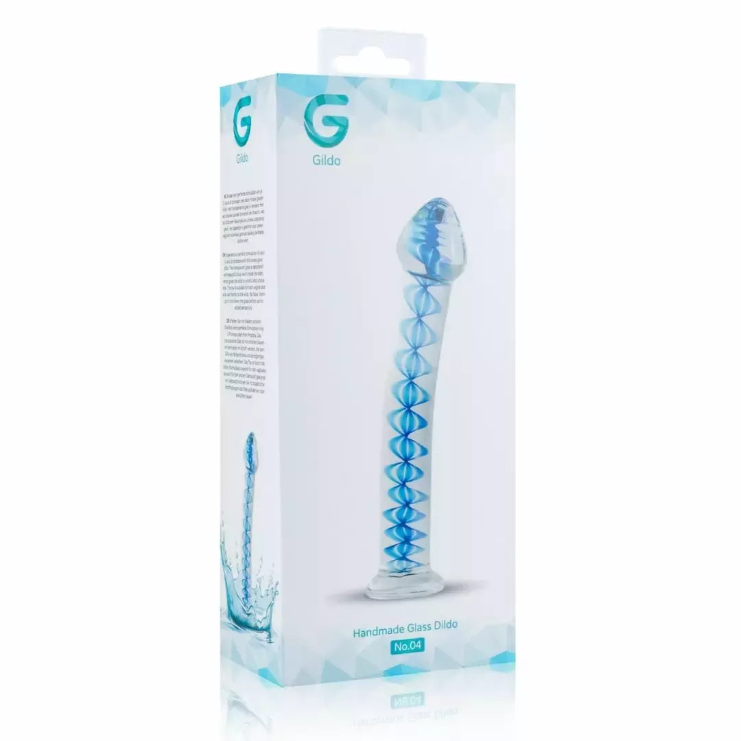 Gildo Glass Intimate Model No. 4 – Skaidrus su mėlyna spirale, plokščiu pagrindu