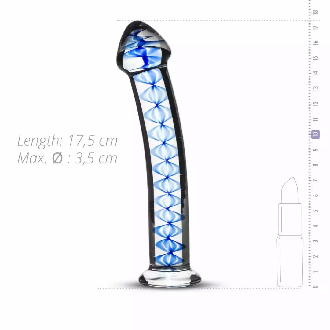 Gildo Glass Intimate Model No. 4 – Skaidrus su mėlyna spirale, plokščiu pagrindu