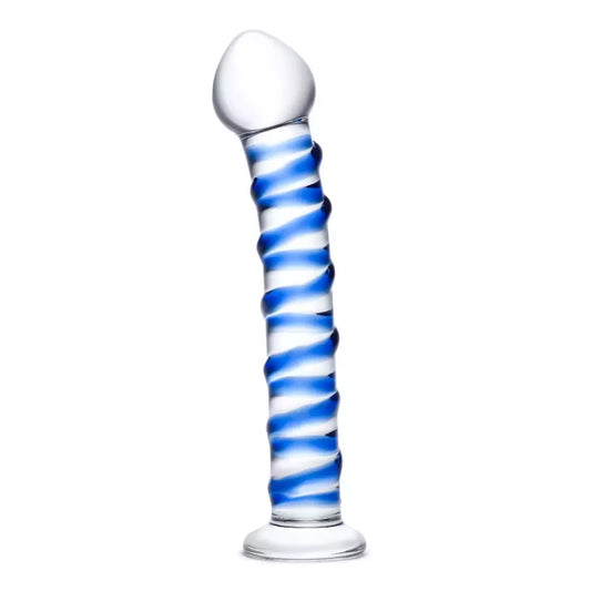 Glas Blue Spiral – stiklinis intymios higienos prietaisas, 18 cm, tekstūruotas paviršius