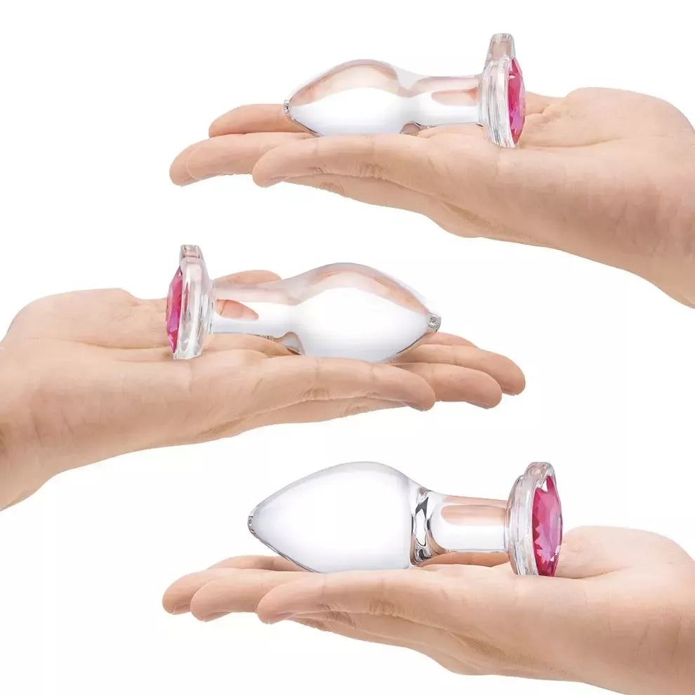 „Glas Heart Jewel“ stiklinių analinių kaiščių rinkinys, 3 vnt. – laipsniški dydžiai, raudono akcento pagrindas