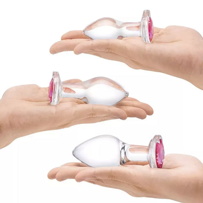 „Glas Heart Jewel“ stiklinių analinių kaiščių rinkinys, 3 vnt. – laipsniški dydžiai, raudono akcento pagrindas