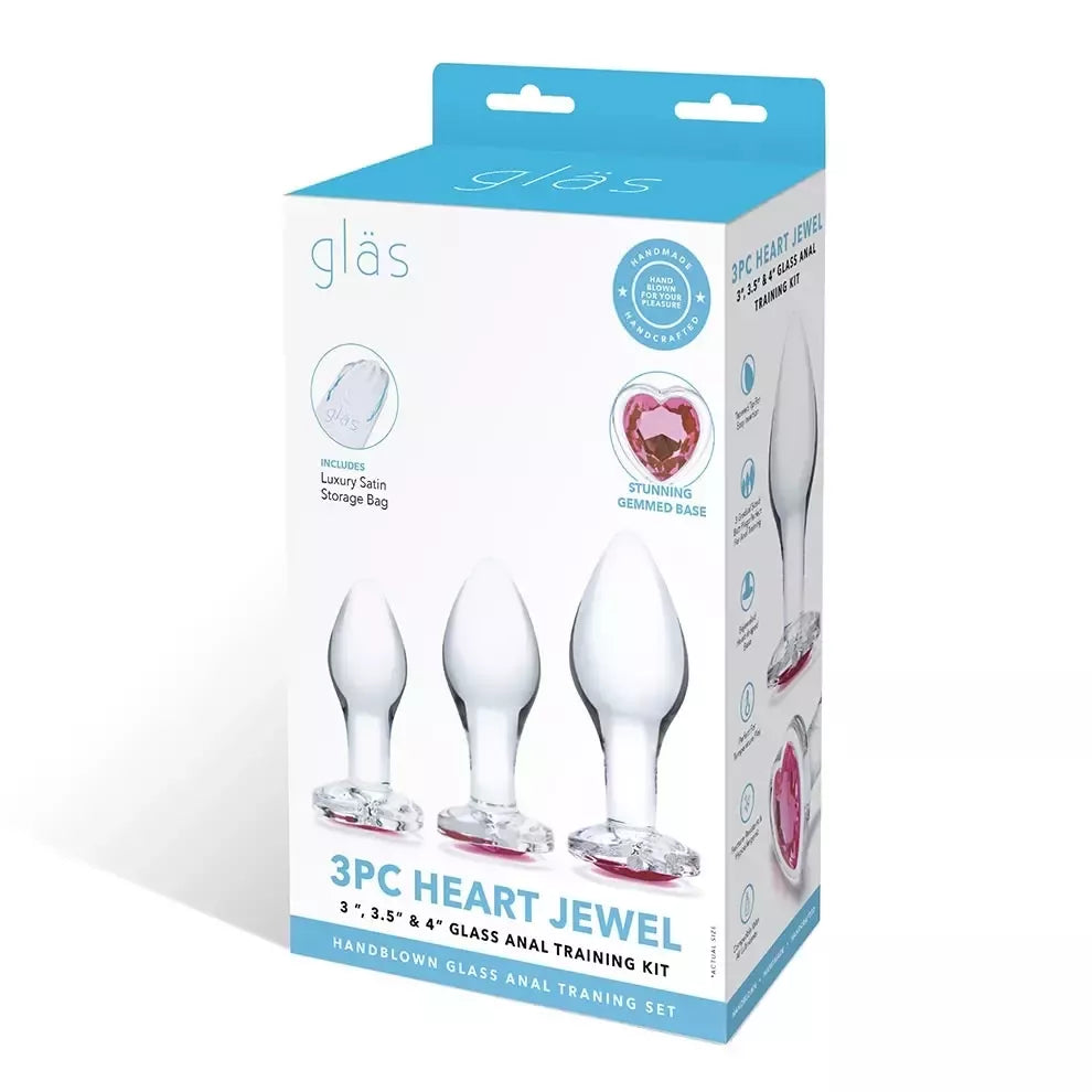 „Glas Heart Jewel“ stiklinių analinių kaiščių rinkinys, 3 vnt. – laipsniški dydžiai, raudono akcento pagrindas