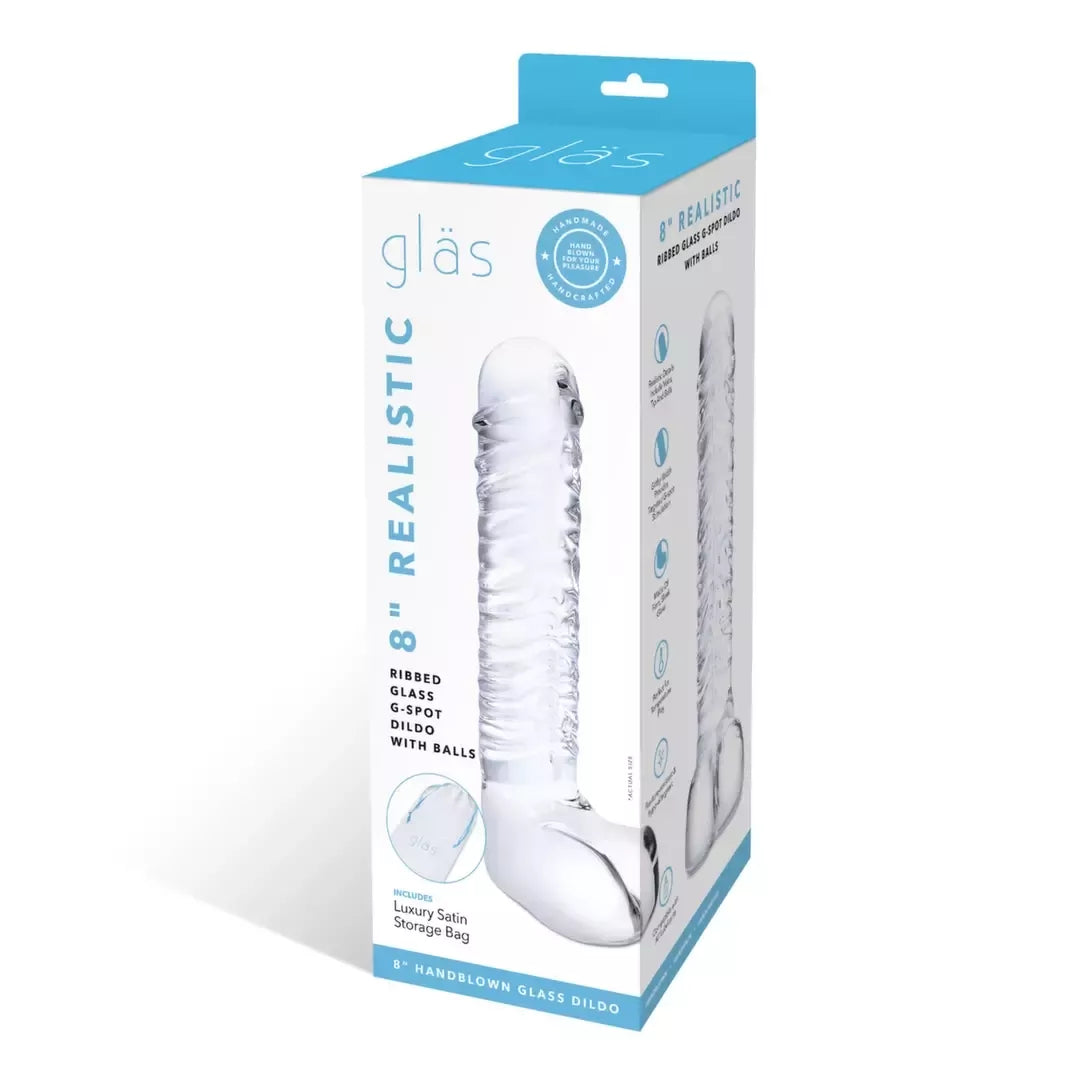 Glas Ribbed Glass Intimate Device 8” – tekstūruotas, skaidrus, lenktas G taškui