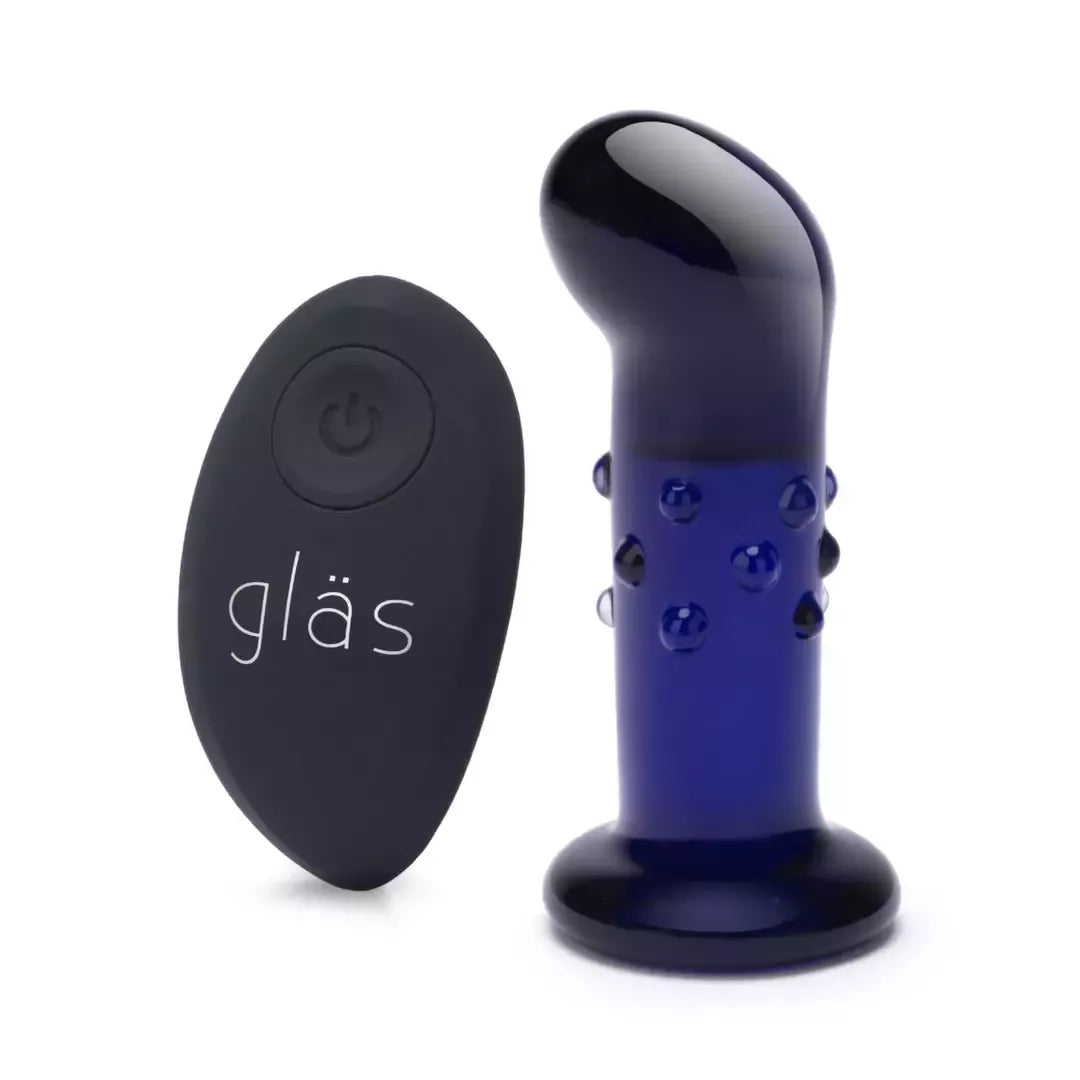 „Glas Vibrating 4” Dotted Plug“ su pulteliu – stiklinis, įkraunamas, mėlynas