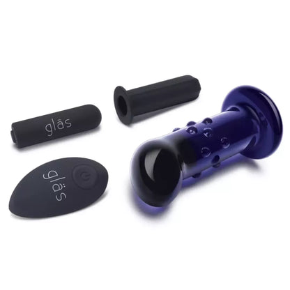 „Glas Vibrating 4” Dotted Plug“ su pulteliu – stiklinis, įkraunamas, mėlynas