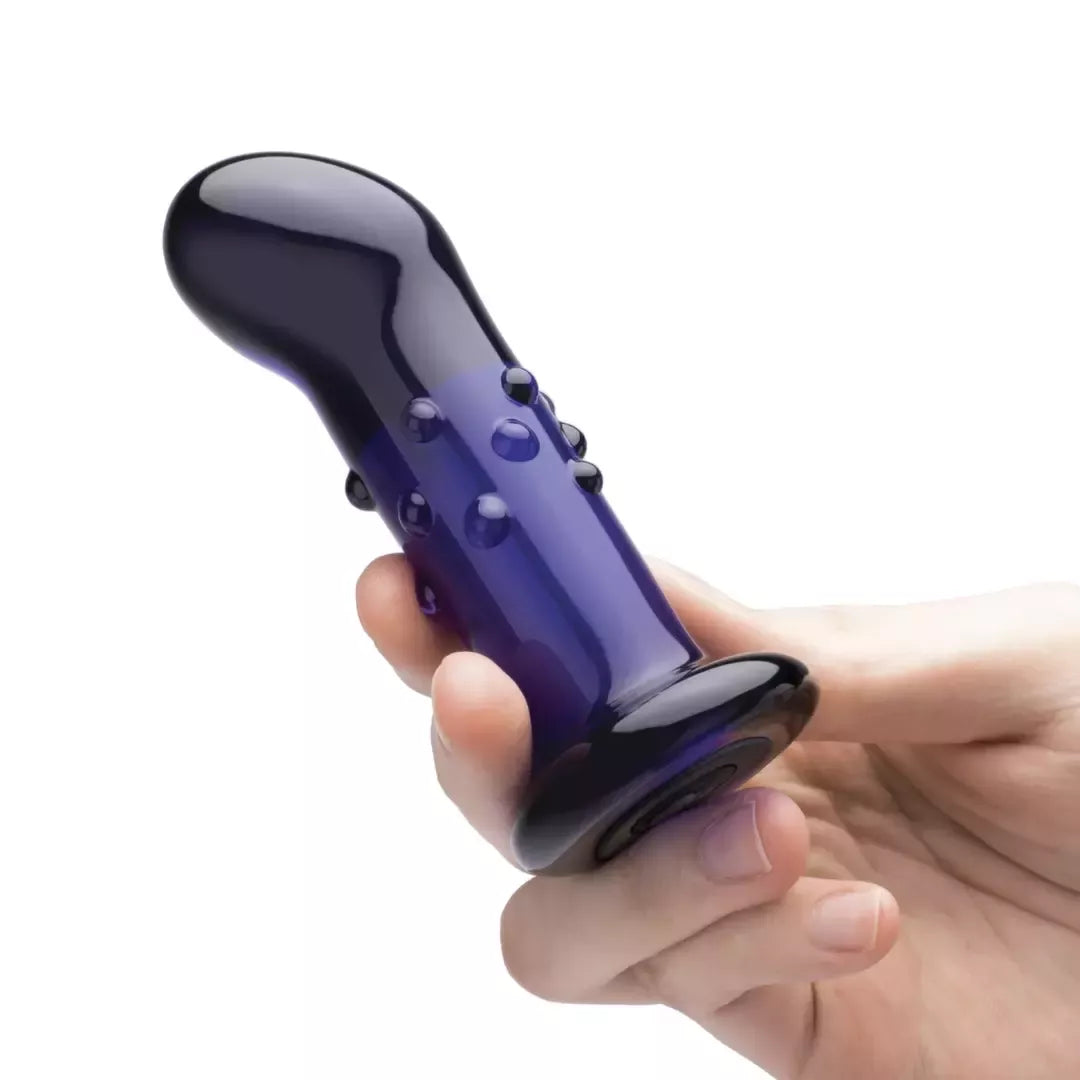 „Glas Vibrating 4” Dotted Plug“ su pulteliu – stiklinis, įkraunamas, mėlynas