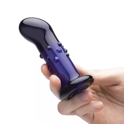 „Glas Vibrating 4” Dotted Plug“ su pulteliu – stiklinis, įkraunamas, mėlynas
