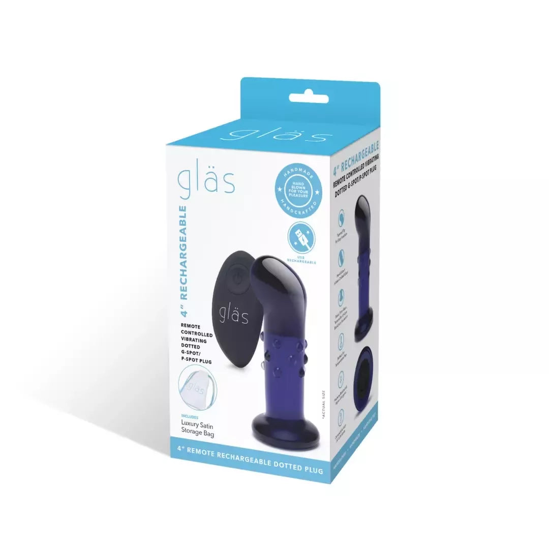 „Glas Vibrating 4” Dotted Plug“ su pulteliu – stiklinis, įkraunamas, mėlynas
