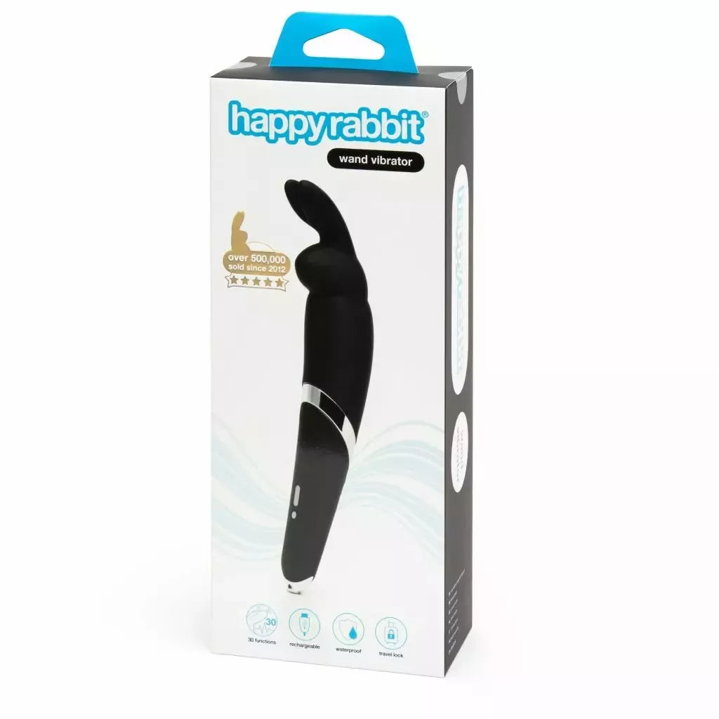 Happy Rabbit Wand Black – silikoninis masažuoklis, 10 režimų, atsparus vandeniui