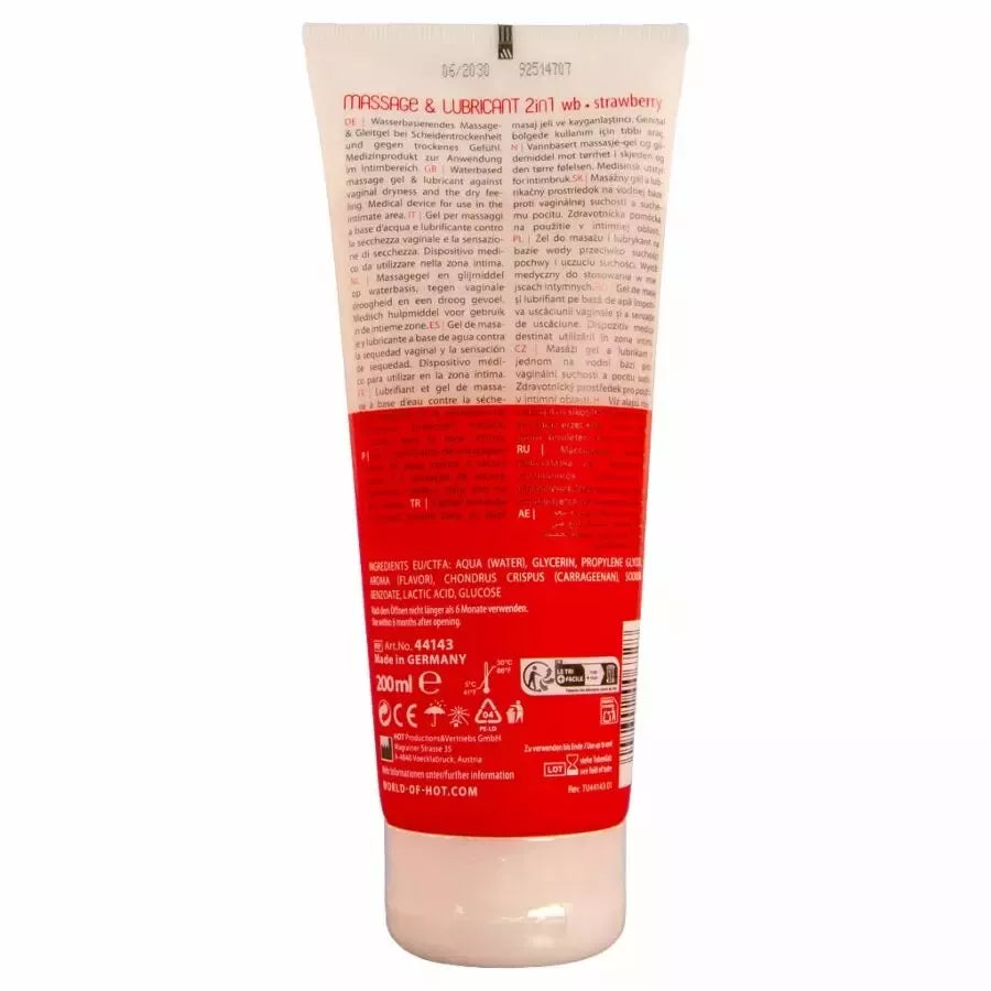 HOT Massage & Glide Gel 2in1 braškių skonio 200 ml – dvigubo poveikio, vaisių aromato lubrikantas