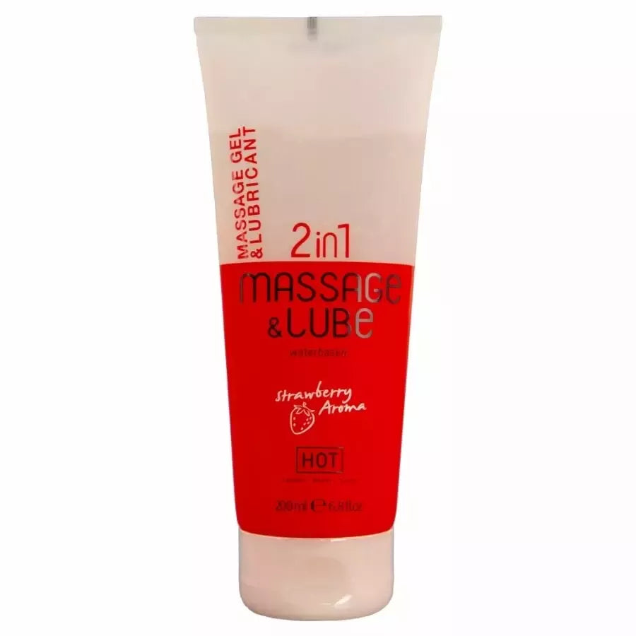 HOT Massage & Glide Gel 2in1 braškių skonio 200 ml – dvigubo poveikio, vaisių aromato lubrikantas