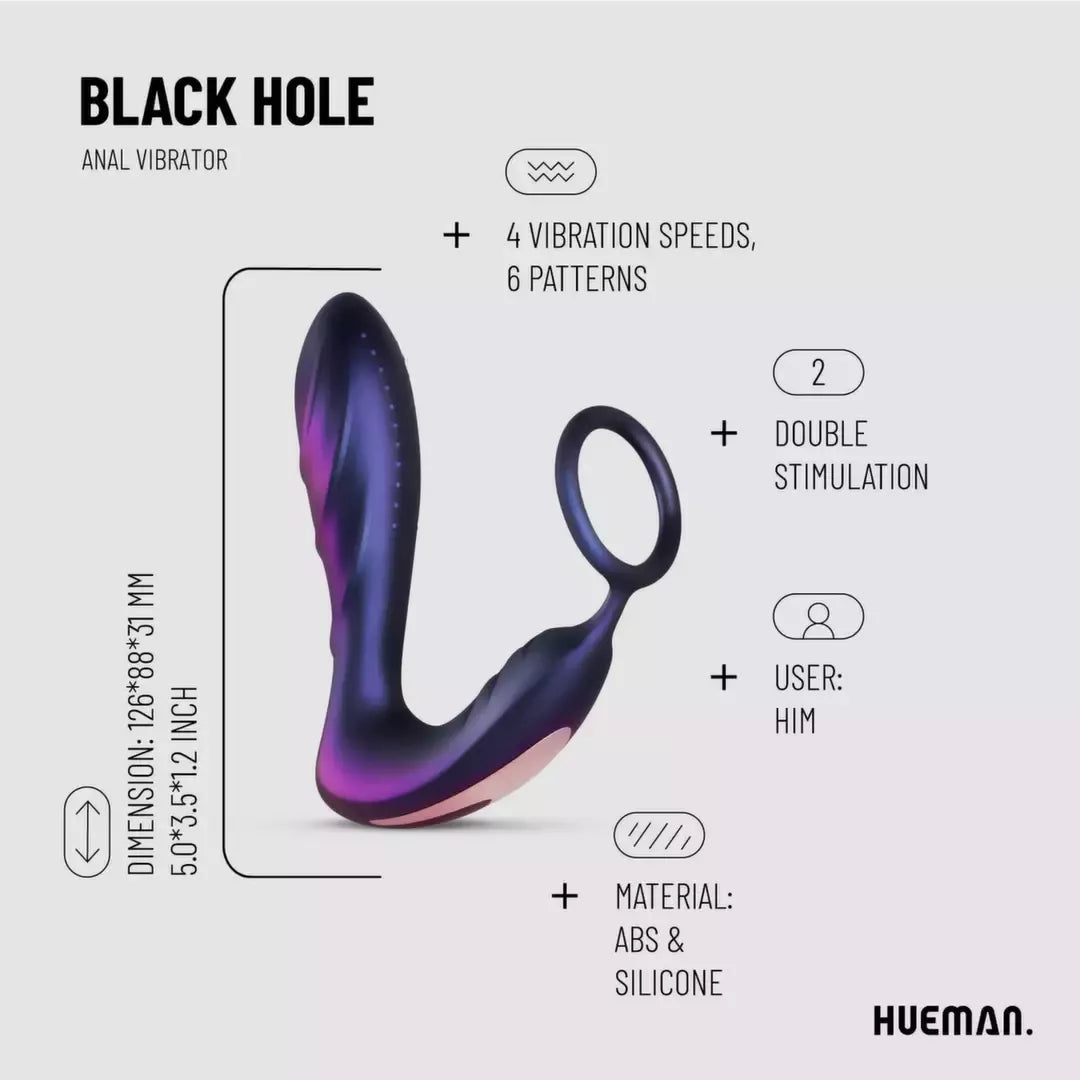Hueman Black Hole analinis vibratorius su žiedu, 10 režimų, silikoninis