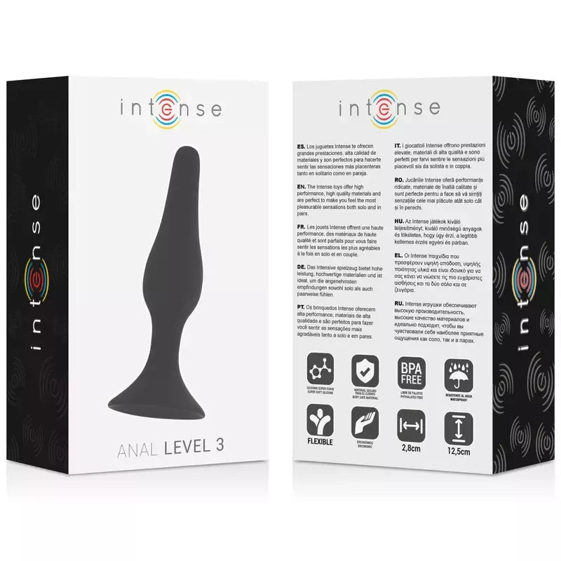 Intense Anal Level 3 silikoninis analinis kamštis 12,5 cm juodas – pažangus modelis