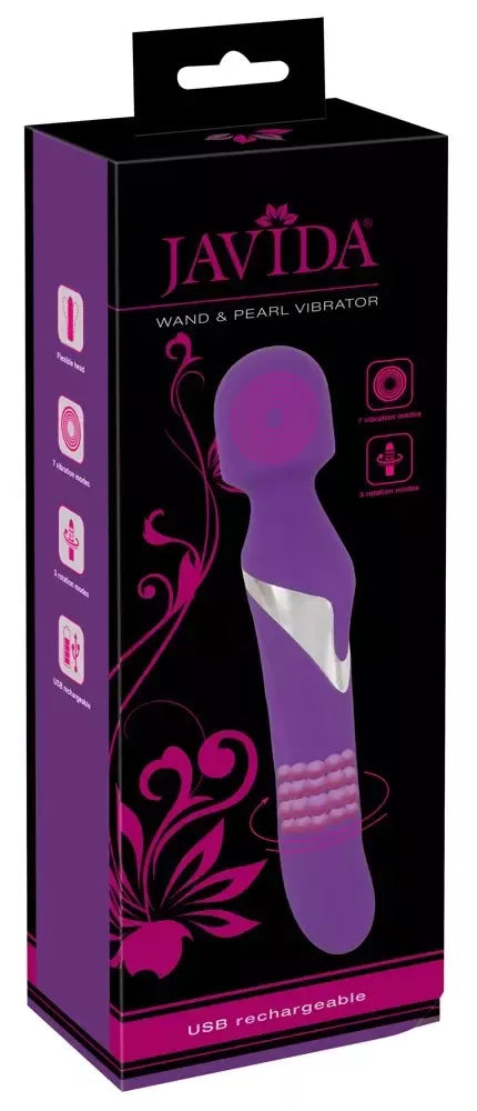 JAVIDA Wand & Pearl dvipusis vibratorius, silikoninis, 24 cm, USB įkraunamas