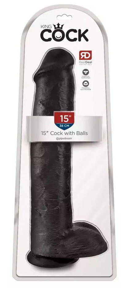 King Cock 15" anatominis modelis su siurbtuku ir suderinamumu su diržais, tamsus