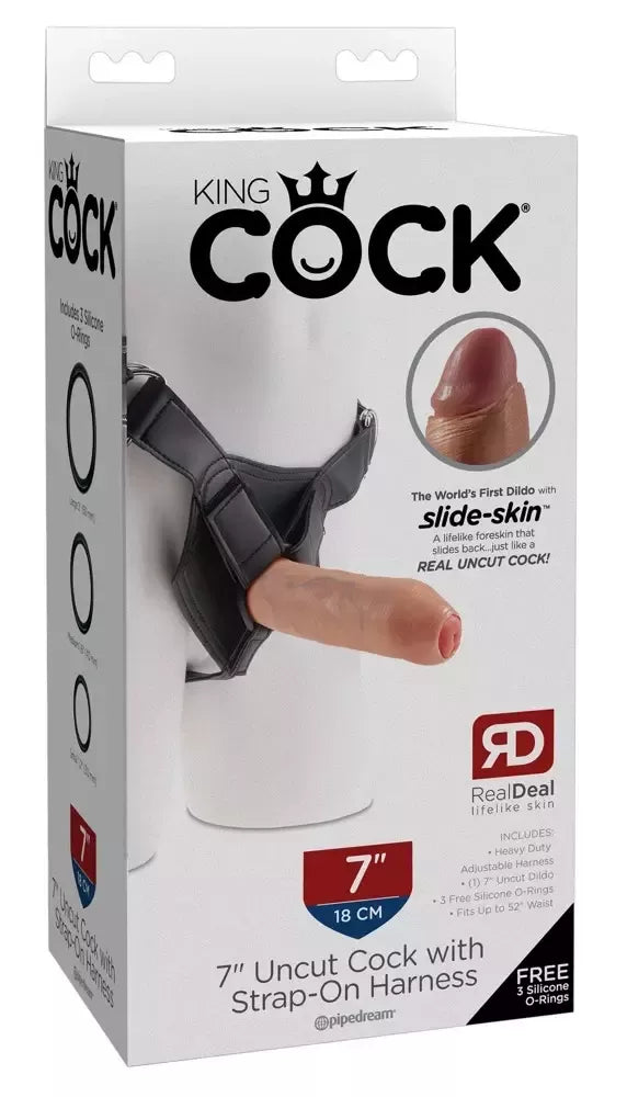 King Cock 7 Uncut diržo tipo dildo sistema su reguliuojamais diržais, 18 cm, šviesaus tono