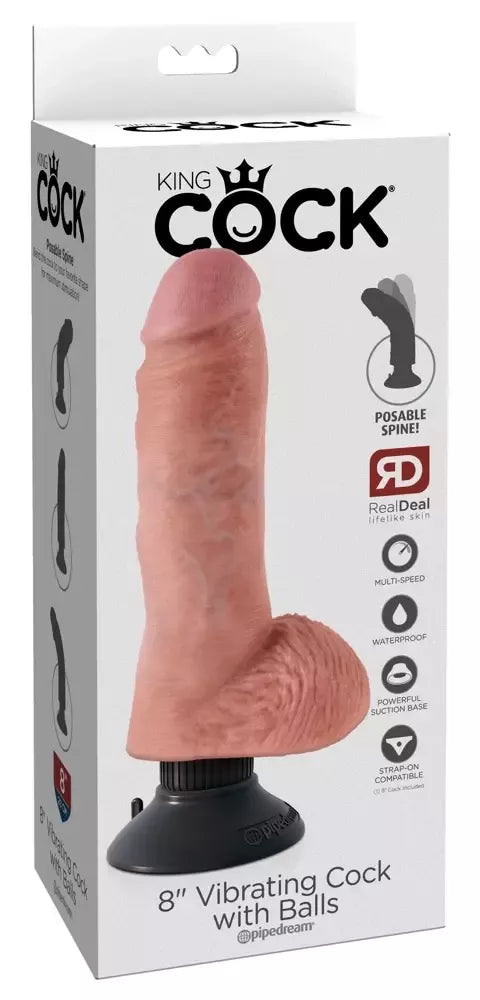 King Cock 8” vibruojantis lankstus intymus prietaisas su siurbtuku, smėlio spalvos