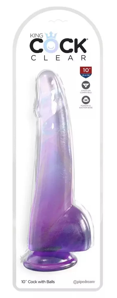 King Cock Clear 10" Purpl modelis su sėklidėmis, skaidrus TPE, 27,9 cm