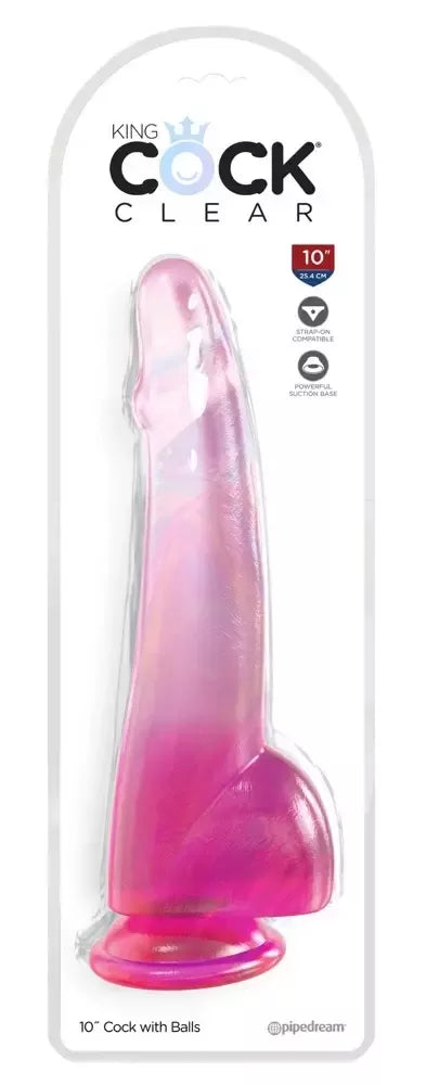 King Cock Clear Model 10" rožinis intymus masažuoklis su siurbtuku