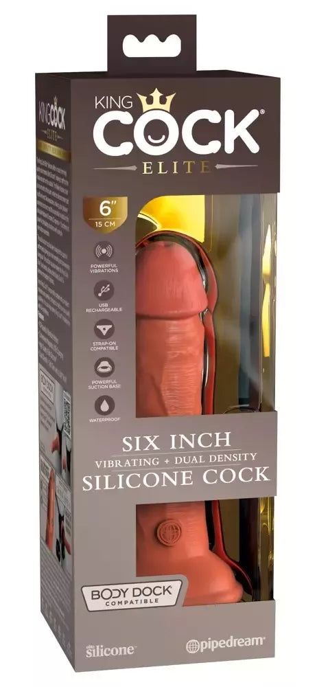 King Cock Elite 6" dvigubo tankio vibruojantis modelis, rusvas, silikoninis, USB, 10 režimų