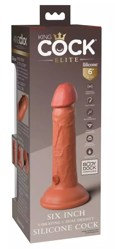 King Cock Elite 6" dvigubo tankio vibruojantis modelis, rusvas, silikoninis, USB, 10 režimų