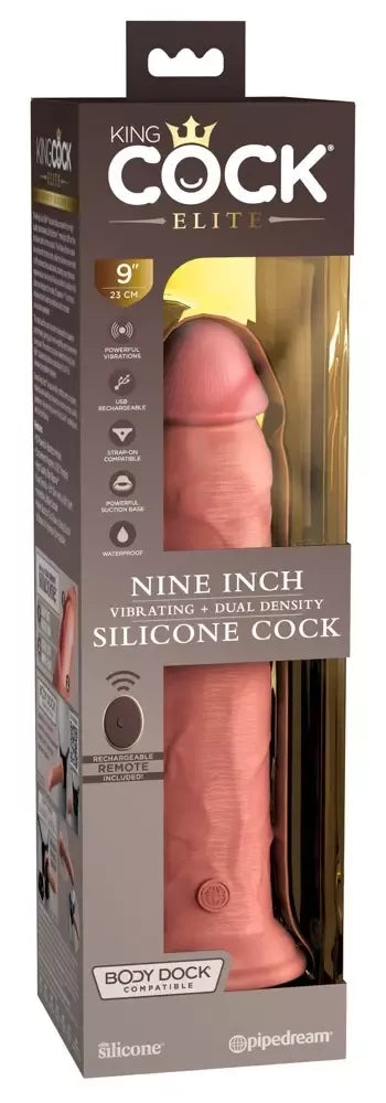 King Cock Elite 9" dvigubo tankio silikoninis vibratorius su nuotolinio valdymo pulteliu, smėlio spalvos