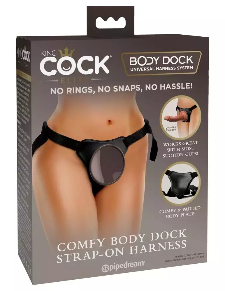 King Cock Elite Comfy Body Dock reguliuojami „strap-on“ diržai, juodi