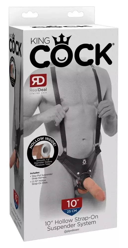 King Cock KC10 tuščiavidurių strap-on diržų sistema, juoda, 20 cm