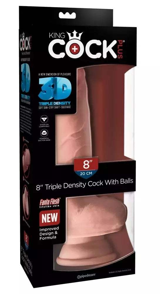 King Cock Plus 8" dvigubo tankumo modelis su sėklidėmis, su siurbtuku, smėlio spalvos