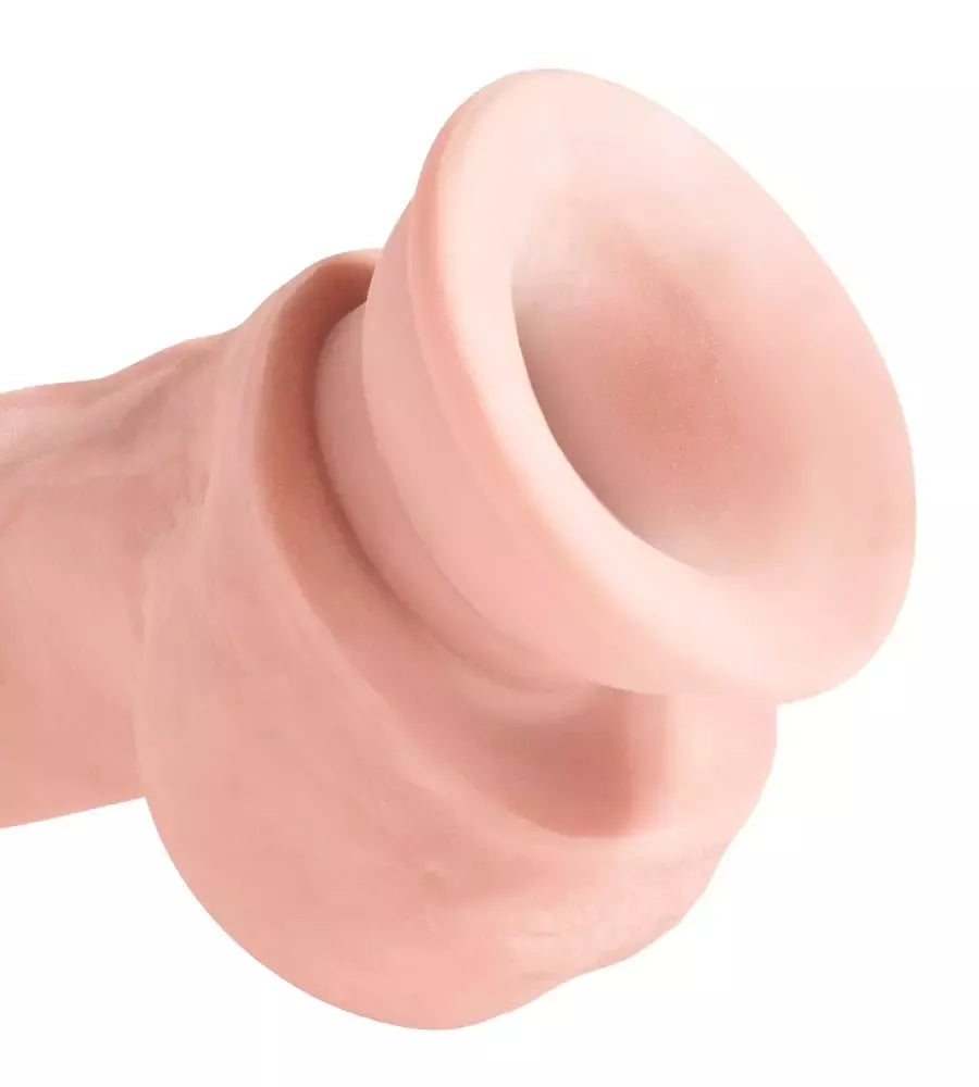King Cock Plus 8" dvigubo tankumo modelis su sėklidėmis, su siurbtuku, smėlio spalvos