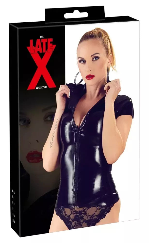 LateX lateksiniai marškinėliai su užtrauktuku Black XS – prigludęs trumpų rankovių viršus su priekiniu užtrauktuku