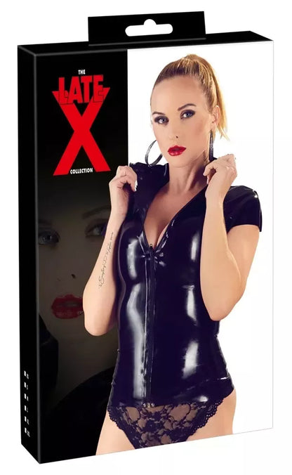 LateX lateksiniai marškinėliai su užtrauktuku Black XS – prigludęs trumpų rankovių viršus su priekiniu užtrauktuku