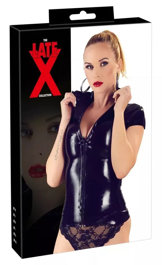 LateX lateksiniai marškinėliai su užtrauktuku Black XS – prigludęs trumpų rankovių viršus su priekiniu užtrauktuku