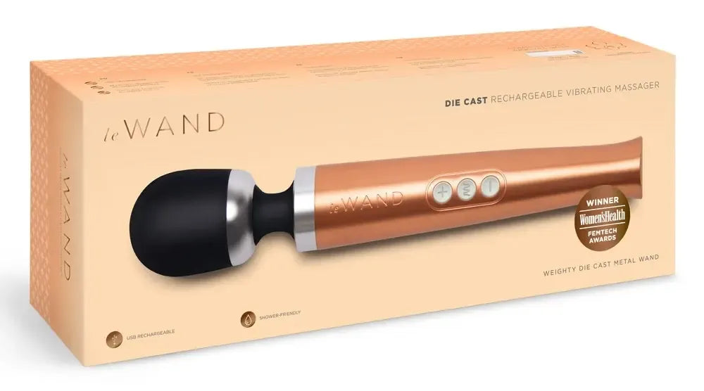 Le Wand Die Cast įkraunamas masažo vibrohromas, rožinio aukso spalvos, kompaktiškas, 29 cm