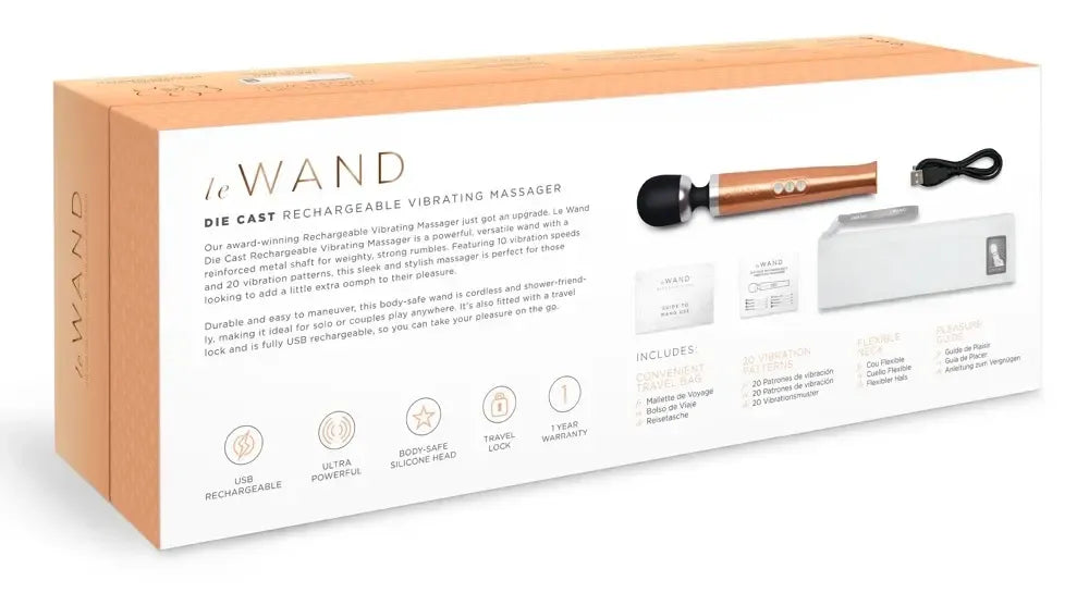 Le Wand Die Cast įkraunamas masažo vibrohromas, rožinio aukso spalvos, kompaktiškas, 29 cm