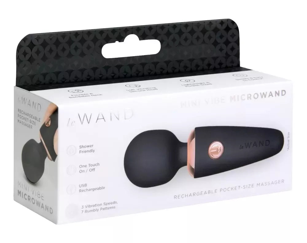 Le Wand Mini Microwand Black – kompaktiškas įkraunamas masažuoklis, 10 cm