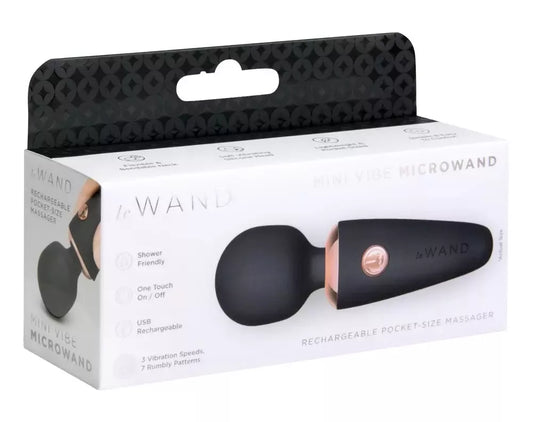 Le Wand Mini Microwand Black – kompaktiškas įkraunamas masažuoklis, 10 cm