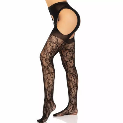Leg Avenue nėriniuotos kojinės su dirželių imitacija, juodos, vienas dydis – elegantiškas dizainas