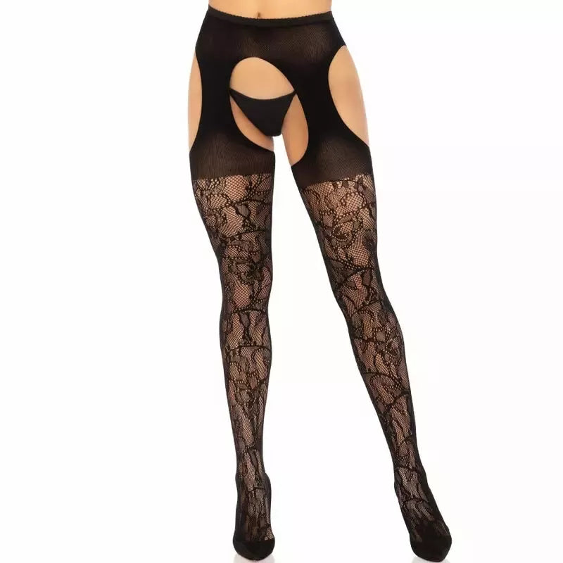Leg Avenue nėriniuotos kojinės su dirželių imitacija, juodos, vienas dydis – elegantiškas dizainas
